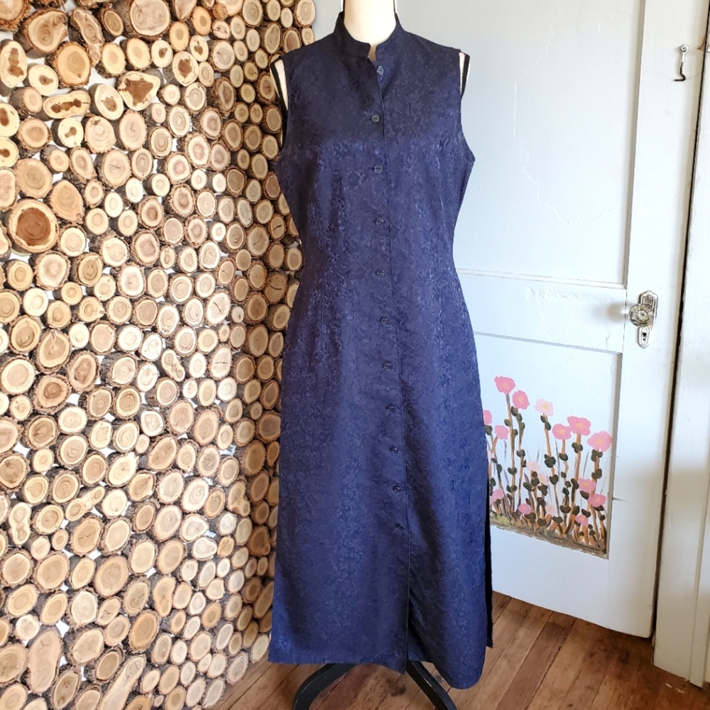 MaxMara Blue Floral Silk Blend Button Down Mandarin Collar Sleeveless Dress 14 - Picture 1 of 7